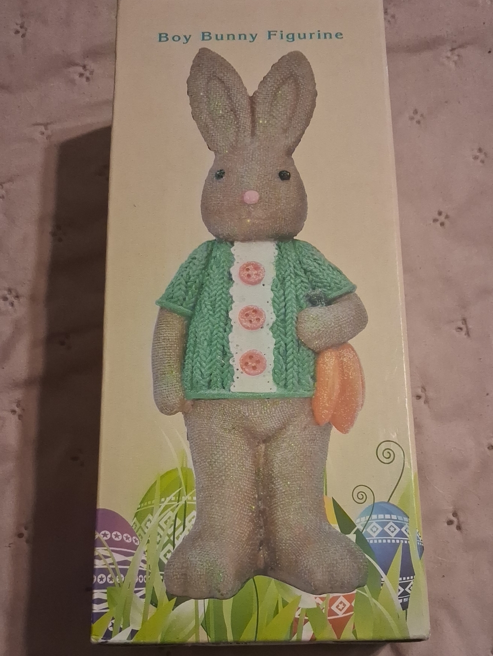 Cracker Barrel Boy Bunny Figurine - Green Sweater with Pink Buttons